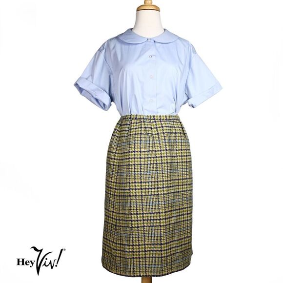Vintage Pendleton Pencil Skirt Green Blue Plaid Wool Sz Small W26 L24 - Hey Viv - Picture 1 of 8